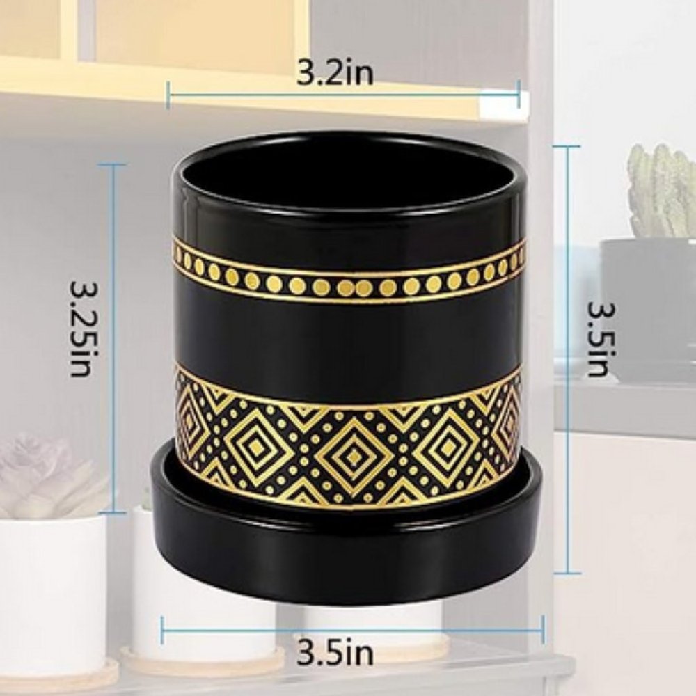 Set of 6 - 3.2" ceramic succulent pots with drainage hole and tray in black/gold